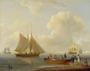 Een veerboot die passagiers naar twee voor anker liggende schepen brengt, 1825